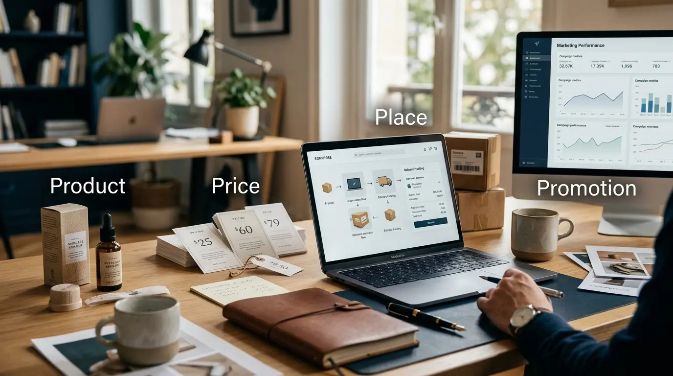 Couverture d'article illustrant les 4 ps in the marketing mix avec un espace de travail moderne et des éléments connectés.