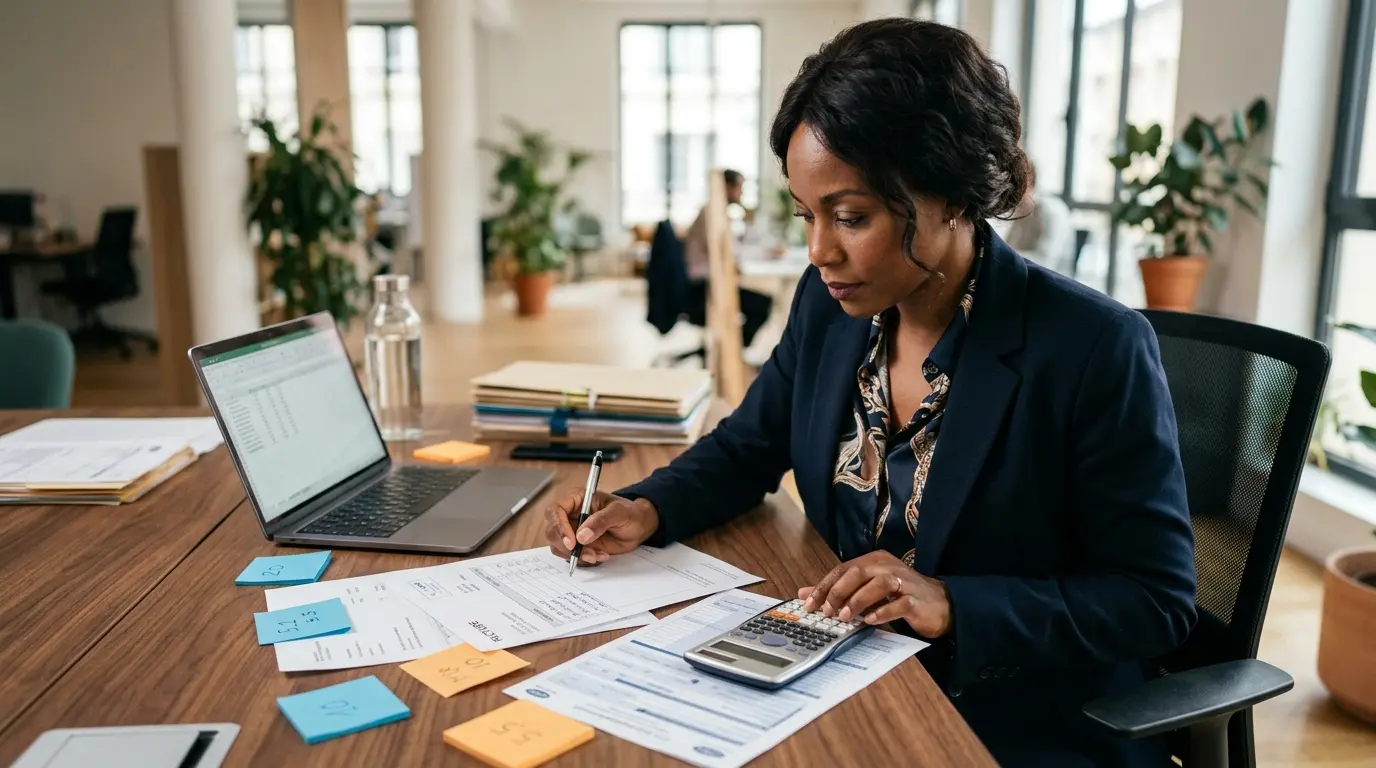 Scène de bureau moderne avec un comptable examinant des documents sur la TVA, illustrant a combien est la tva.