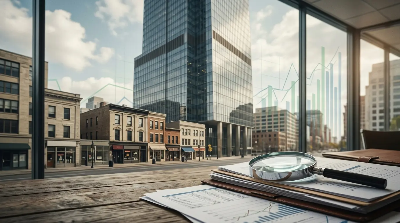 Couverture d'article sur l'abus de position dominante def, montrant un gratte-ciel dominant sur des commerces plus petits, ambiance professionnelle.