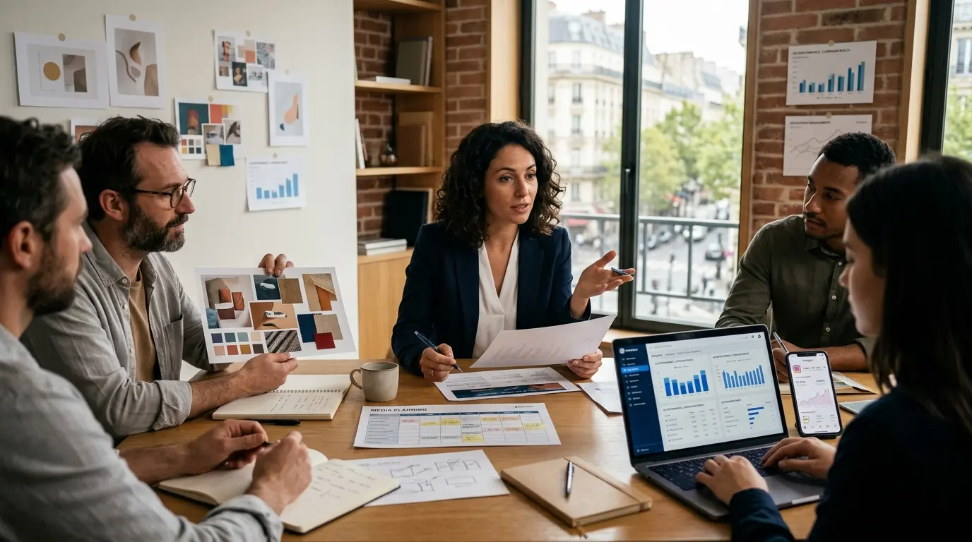 Couverture d'article illustrant l'annonceur définition avec une équipe marketing en discussion autour d'une table moderne.