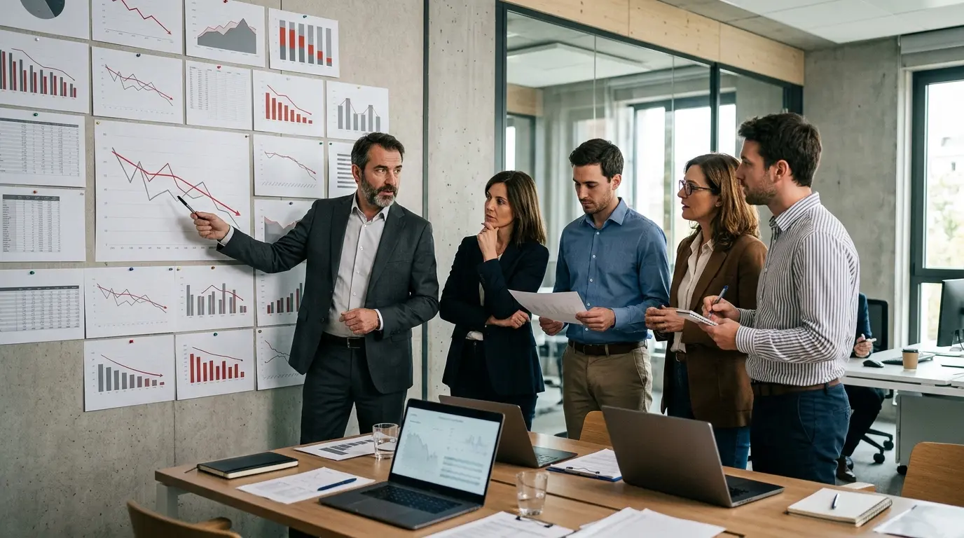 Équipe d'affaires française analysant des graphiques de baisse d'activité dans un bureau moderne, ambiance professionnelle.