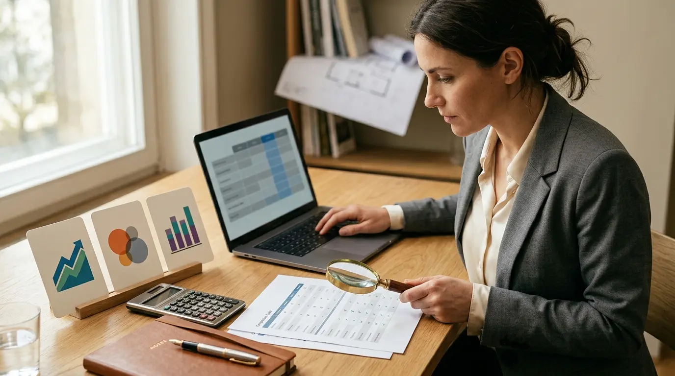 Couverture d'article sur le benchmark c est quoi, avec un analyste examinant des tableaux de comparaison sur un bureau moderne.