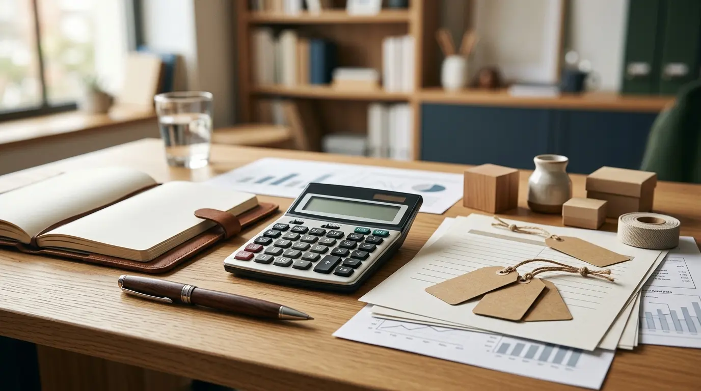 Bureau organisé avec calculatrice et documents pour le calcul taux de marge commerciale et stratégie de prix.