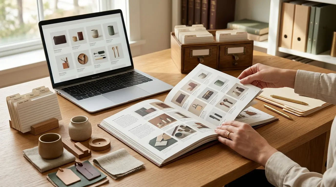 Scène de bureau élégante avec un catalogue ouvert, des échantillons de produits et une ambiance de classification pour illustrer catalogue définition.