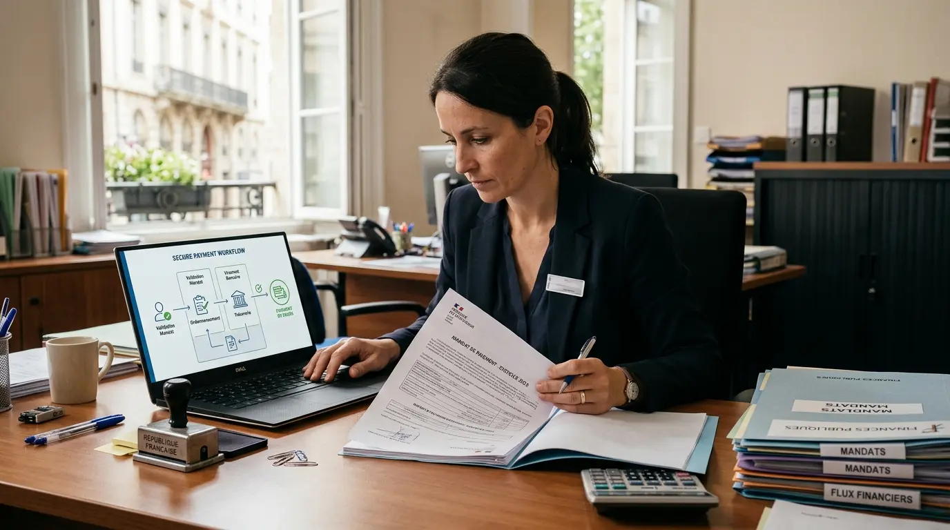 Professionnel examine des documents sur la convention de mandat, avec un ordinateur et des éléments de flux de paiement.
