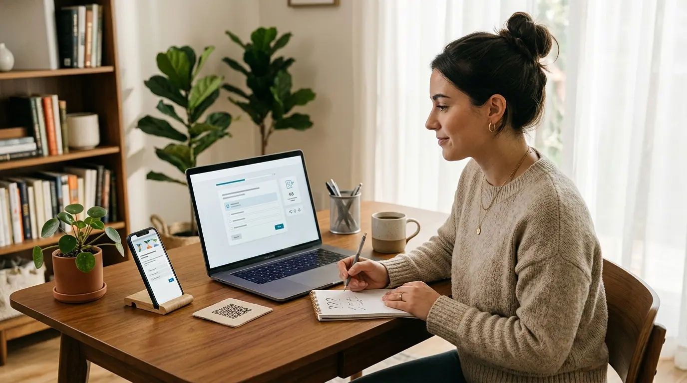 Bureau moderne avec un ordinateur et un smartphone, illustrant comment créer un quiz gratuitement dans un environnement apaisant.
