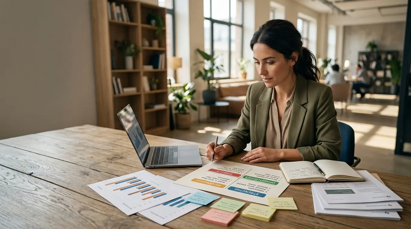 Professionnel examinant une matrice SWOT sur un bureau, illustrant la définition swot et l'analyse stratégique.