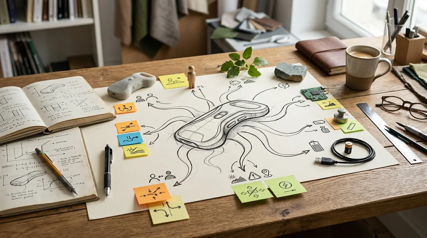 Espace de travail de designer avec croquis central et éléments évoquant un diagramme pieuvre, ambiance analytique et chaleureuse.