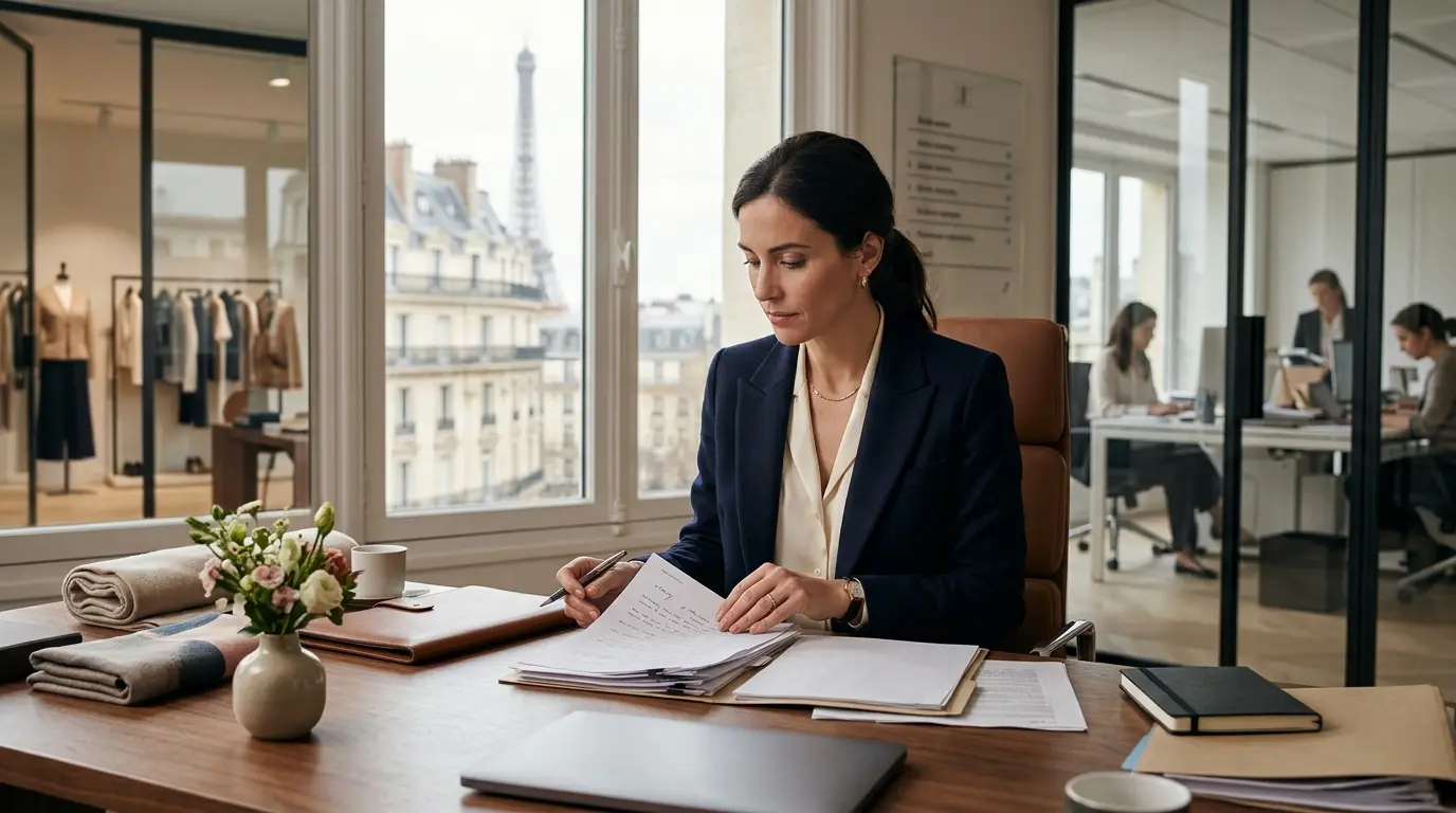 Bureau parisien élégant avec un professionnel examinant des documents, évoquant l'etam siege social et l'industrie de la mode.