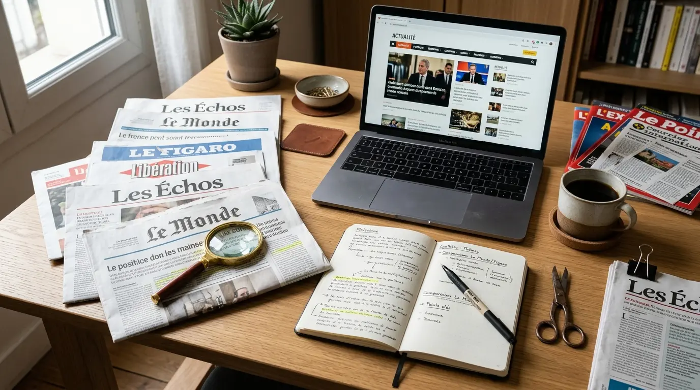 Couverture d'article sur un exemple revue de presse avec journaux, ordinateur, notes et café dans un bureau moderne.