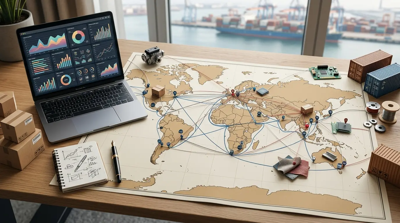 Scène de bureau réaliste illustrant la fragmentation de la chaine de valeur avec carte du monde, composants industriels et graphiques.