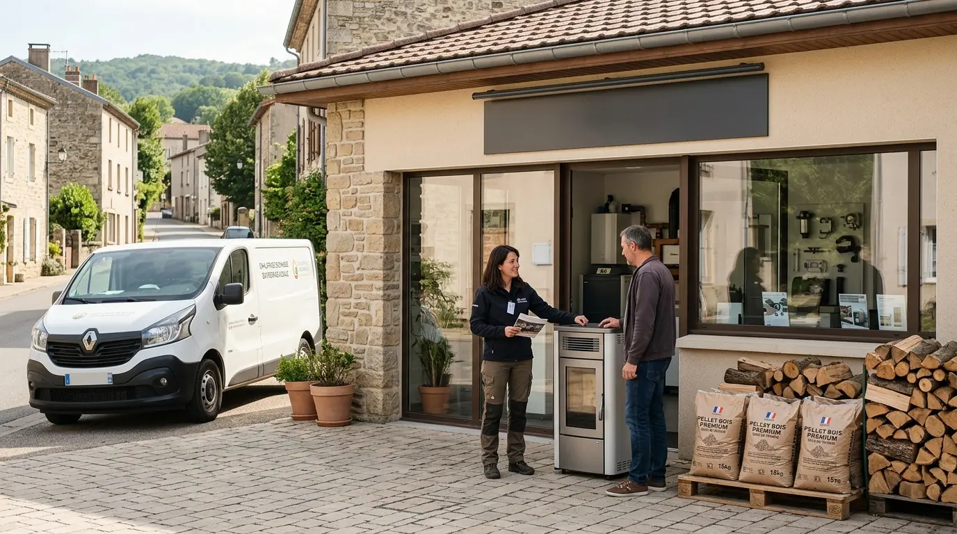 Showroom de gf services avec un technicien discutant d'un système de chauffage, van utilitaire et équipements visibles.
