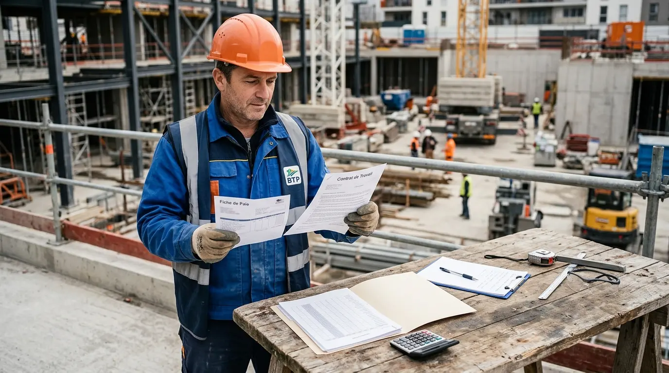 Construction worker en tenue, vérifiant un bulletin de salaire et un contrat sur un chantier, évoquant la grille coefficient salaire btp.