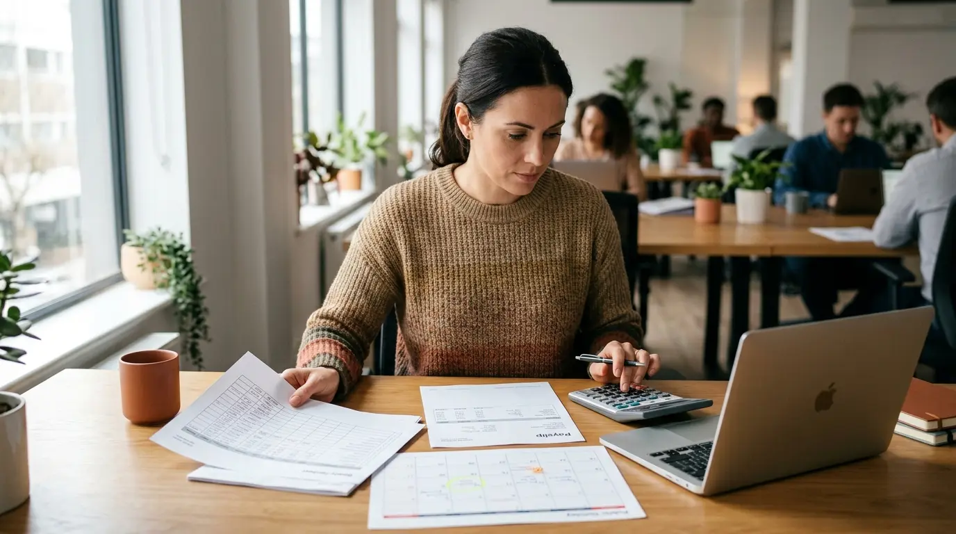 Employé concentré examinant un emploi du temps et des feuilles de temps pour heures supplémentaires et jour férié travaillé dans la même semaine.
