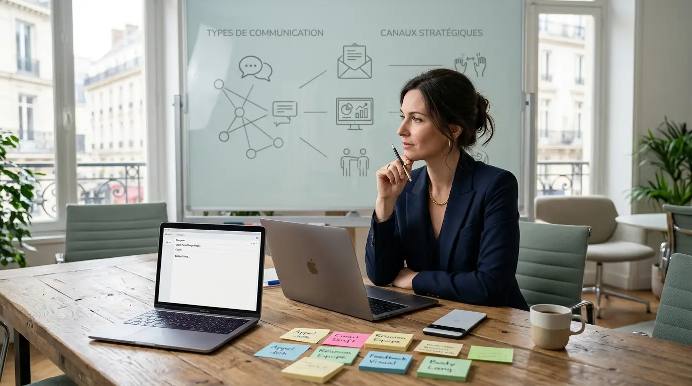 Couverture d'article sur les types de communications, montrant un professionnel en réunion avec un ordinateur et des notes.