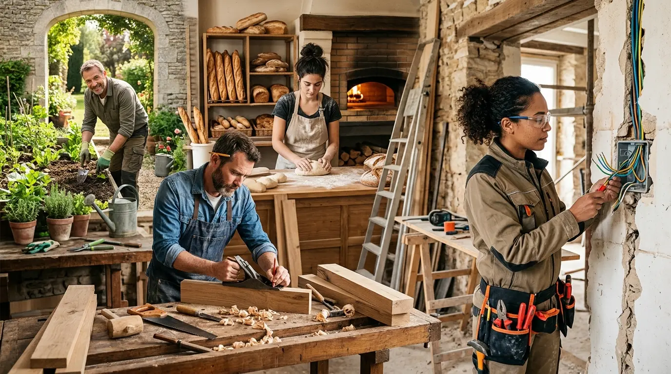 Collage réaliste illustrant une liste des métiers manuels : électricien, menuisier, boulanger et jardinier en action.