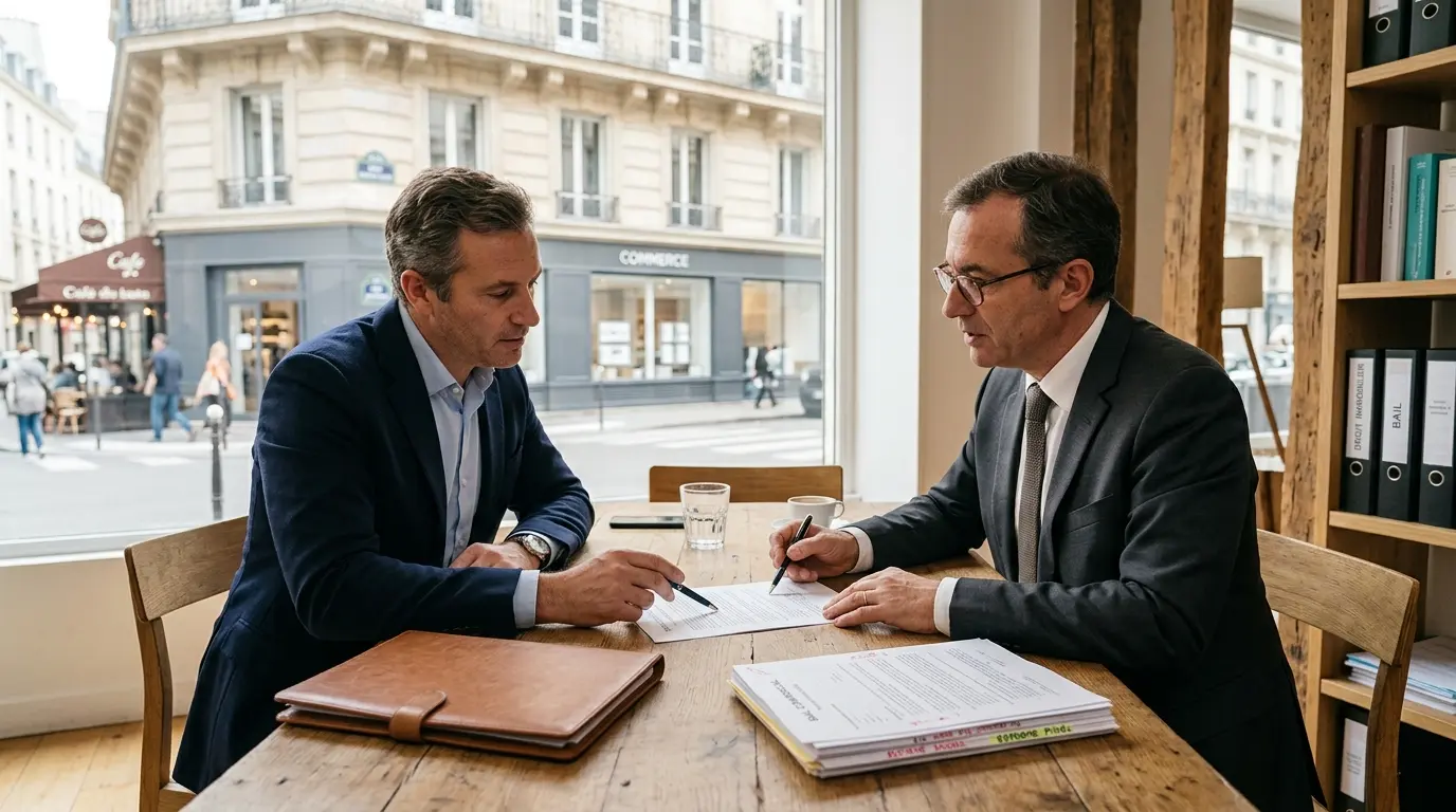 Businessman et avocat examinant un contrat de bail commercial, évoquant la loi pinel sur les baux commerciaux dans un bureau moderne.