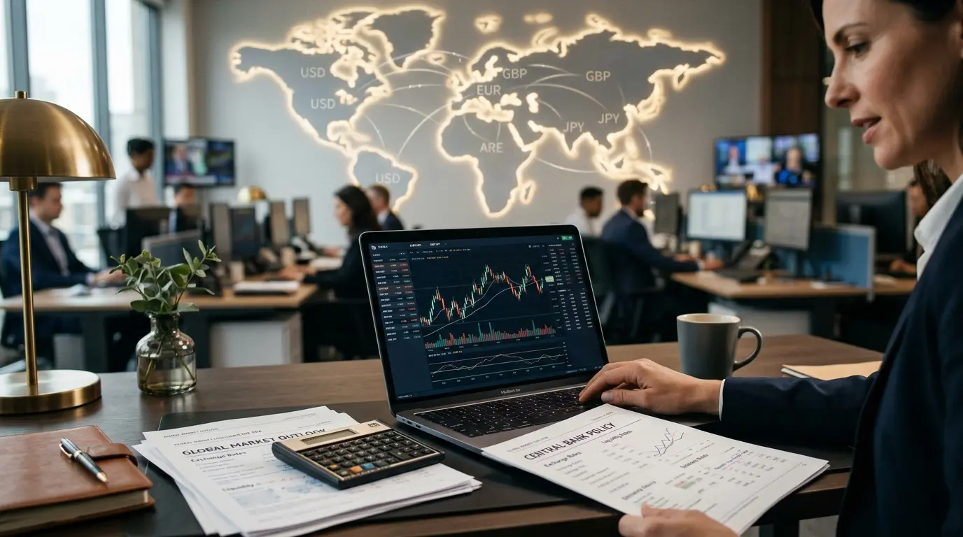Scène de salle de marché avec des graphiques, symboles monétaires et une carte du monde, illustrant le marché des changes forex.