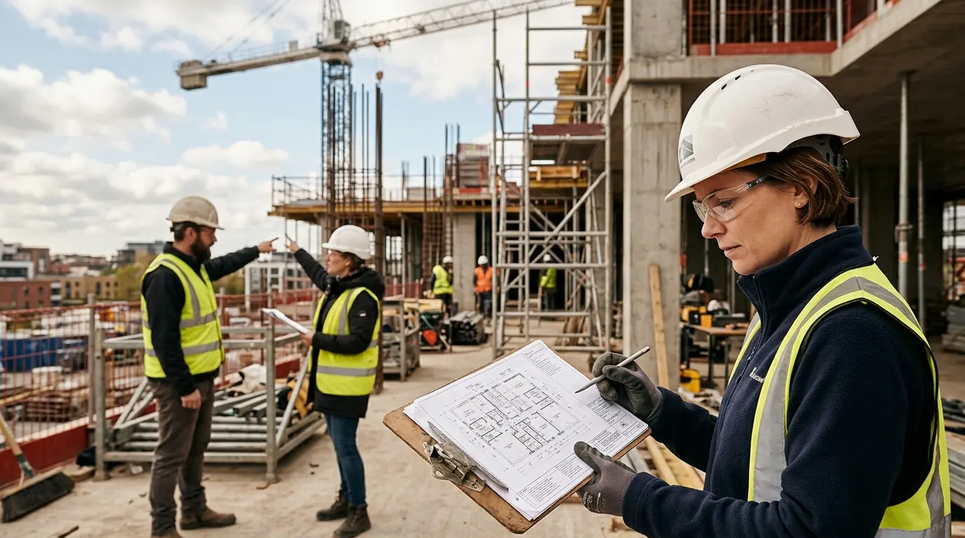 Réunion professionnelle sur un chantier moderne, un chef de projet examine des plans, illustrant les missions moe.