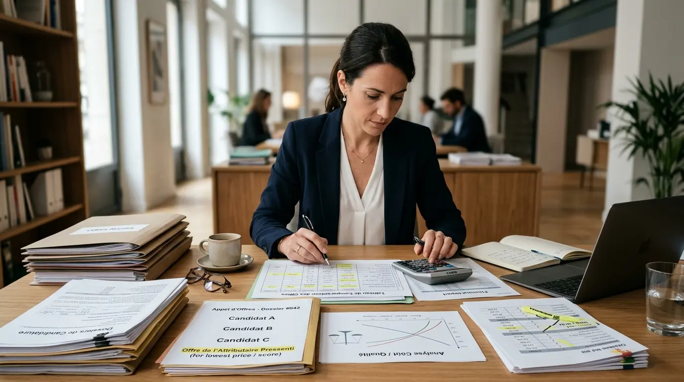 Bureau professionnel avec un consultant examinant des documents d'appel d'offres, mettant en avant le concept de moins disante.
