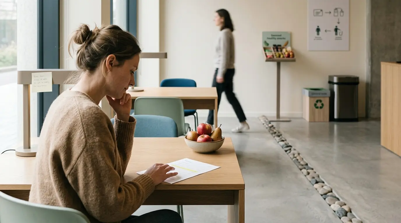 Scène de bureau moderne illustrant la nudges définition avec choix visibles et ambiance de prise de décision apaisante.
