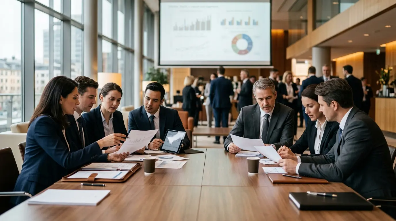 Scène d'affaires moderne illustrant la part de marché relative avec deux équipes concurrentes et des éléments d'analyse de marché.