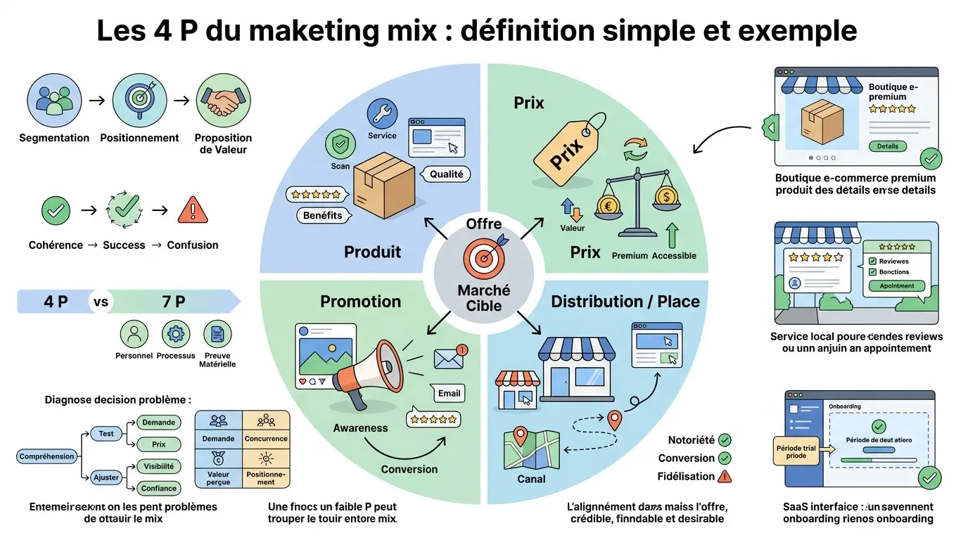 Infographie éducative sur les 4 ps in the marketing mix, illustrant produit, prix, distribution et promotion avec des exemples visuels.