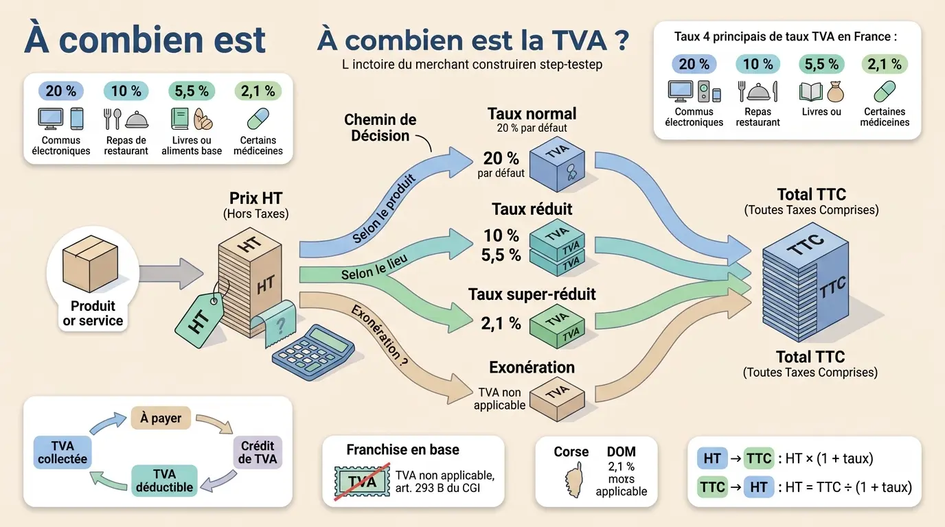 Infographie éducative sur à combien est la TVA, illustrant les étapes de calcul d'une facture avec taux et exemptions.