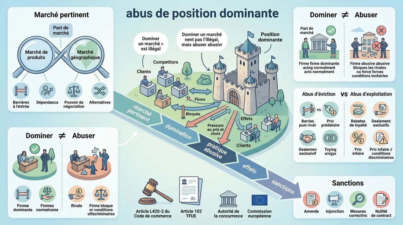 Infographie éducative sur l'abus de position dominante def, illustrant le marché, la domination, et les pratiques abusives.