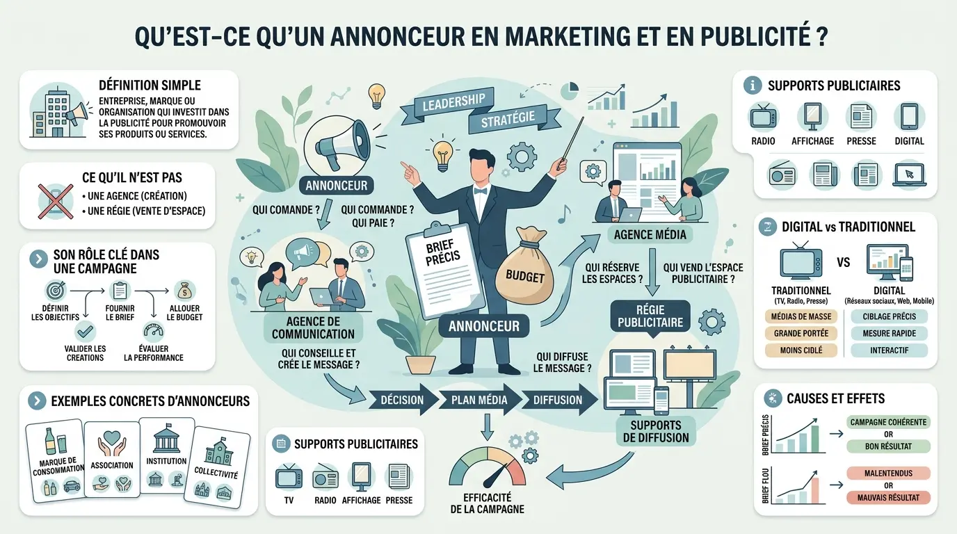 Infographie éducative illustrant l'annonceur définition, représentant un chef d'orchestre de campagne marketing avec éléments clés.
