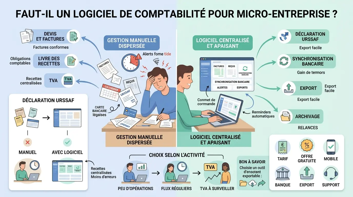 Infographie éducative sur l'importance d'un auto entrepreneur logiciel comptabilité pour simplifier la gestion financière.