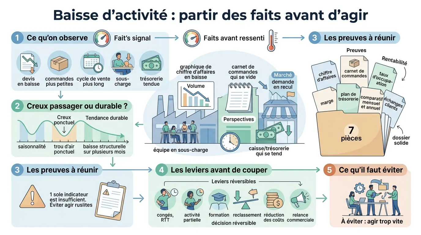 Infographie sur la baisse d'activité avec signaux, preuves et leviers à considérer avant d'agir.