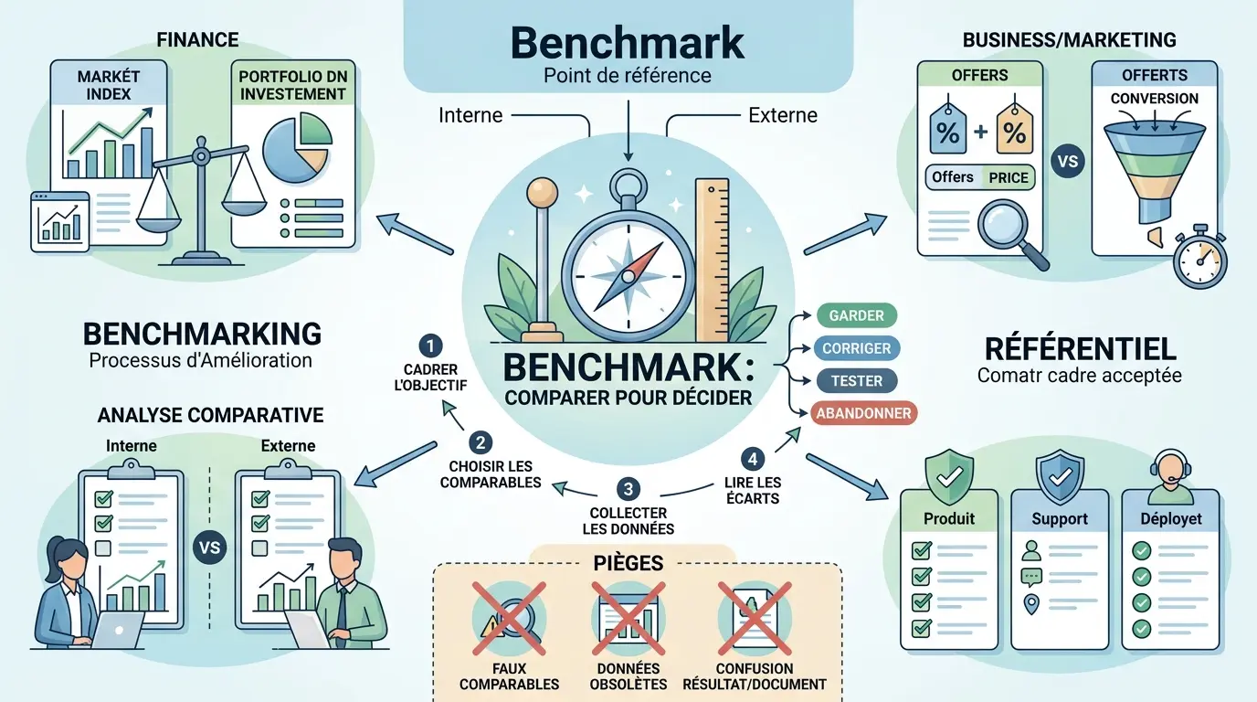 Infographie éducative expliquant benchmark c est quoi, avec des comparaisons visuelles en finance, marketing et produits.