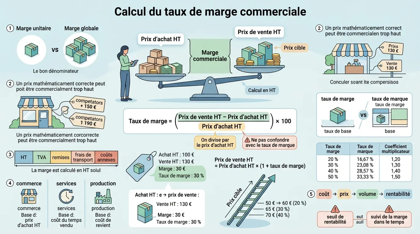 Infographie éducative illustrant le calcul taux de marge commerciale avec balance, formules, exemples et comparaisons visuelles.