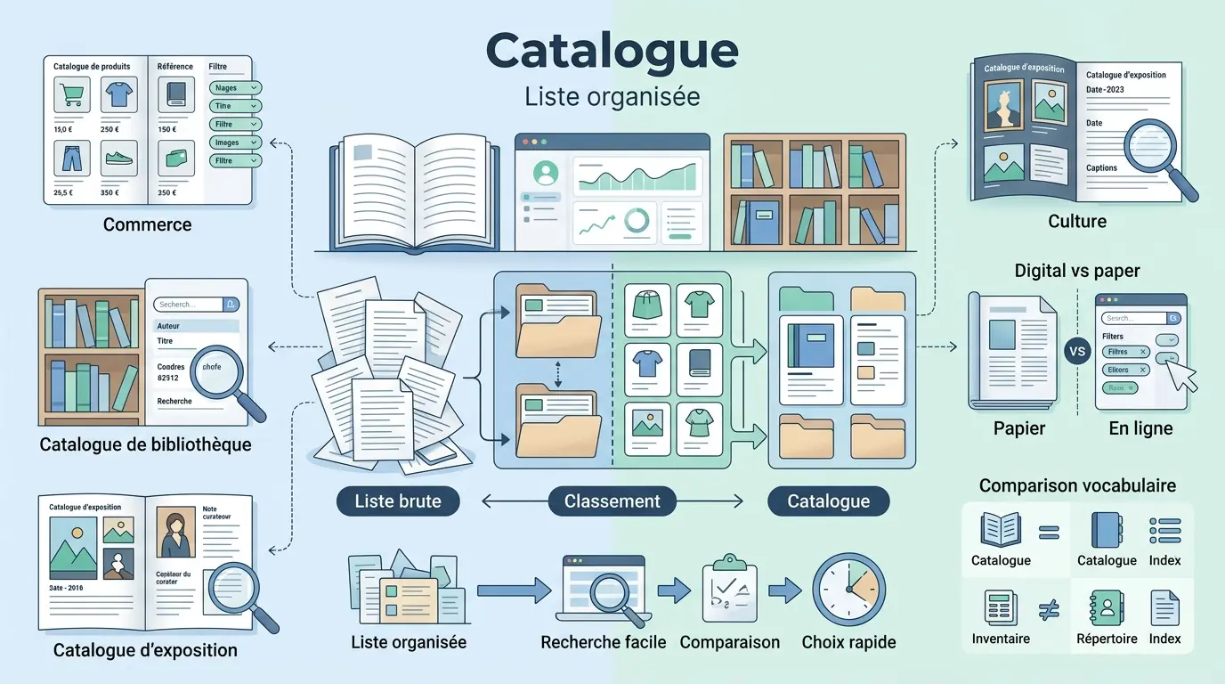 Infographie éducative illustrant la catalogue définition, montrant un système organisé pour trouver, comparer et choisir des éléments.