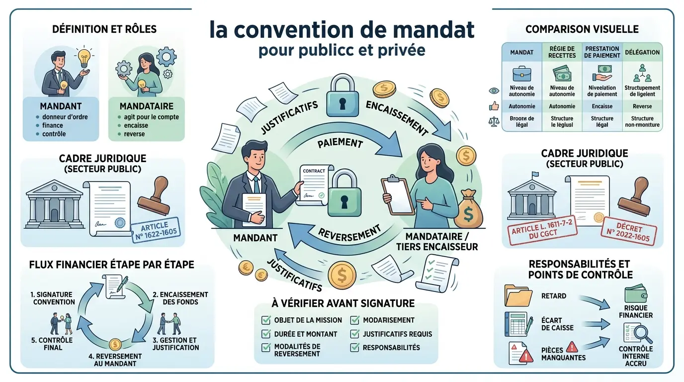 Infographie éducative sur la convention de mandat, illustrant le processus entre mandant et mandataire avec des visuels clairs.