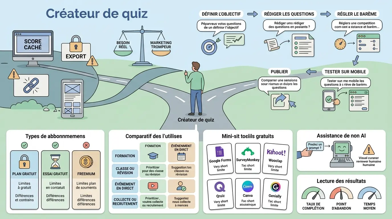 Infographie moderne sur comment créer un quiz gratuitement, avec étapes, pièges visuels et outils gratuits illustrés.