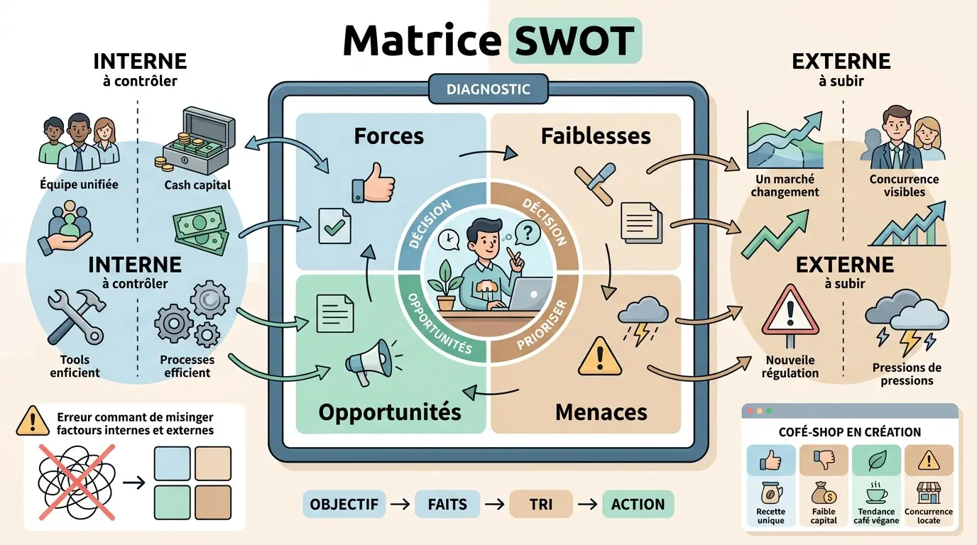 Infographie éducative illustrant la définition swot avec une matrice 2x2, facteurs internes et externes, et exemples clairs.