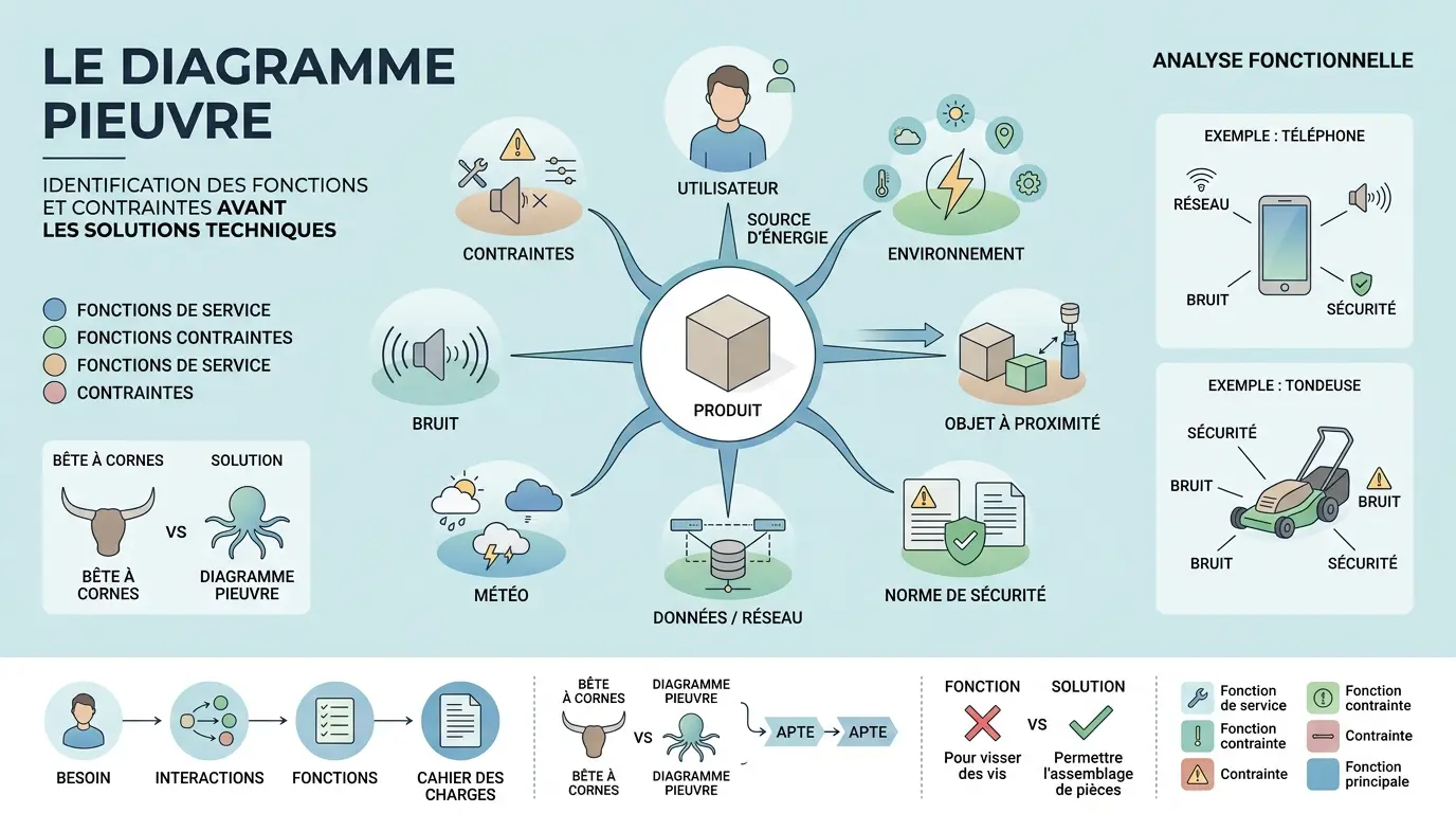 Infographie éducative sur le diagramme pieuvre, illustrant un produit central et ses interactions avec l'environnement.