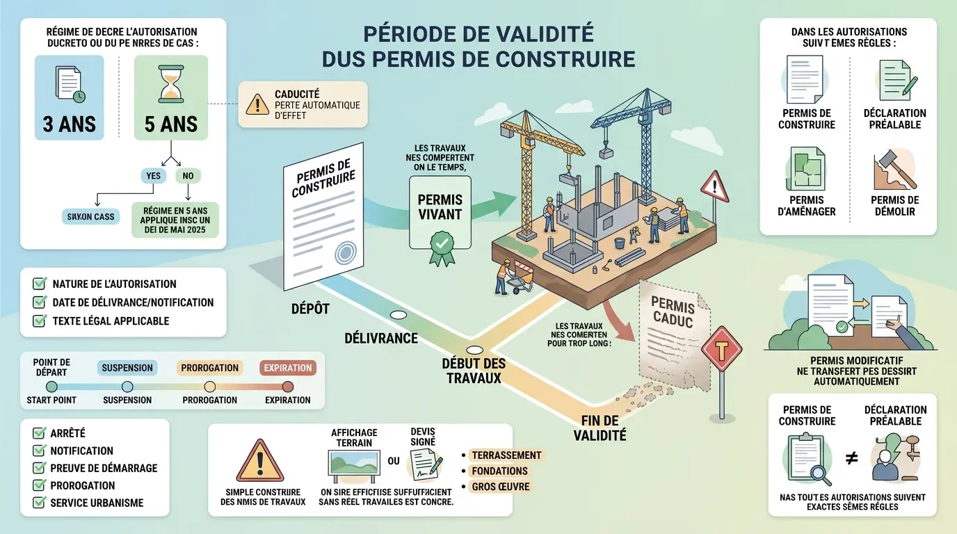 Infographie éducative sur la duree de validite d un permis de construire, illustrant les étapes et délais clés.
