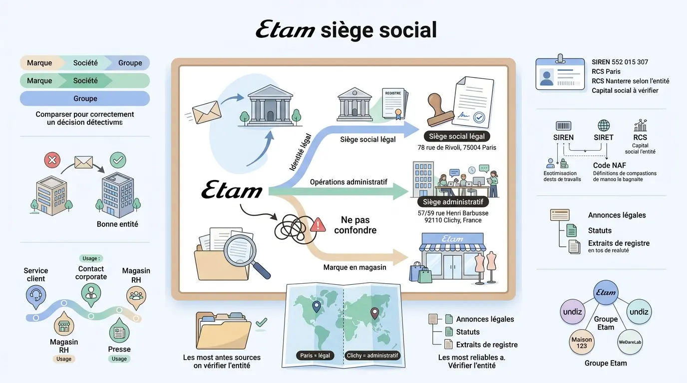 Infographie éducative sur etam siège social, montrant les distinctions entre siège légal, administratif et marque, avec des chemins visuels clairs.