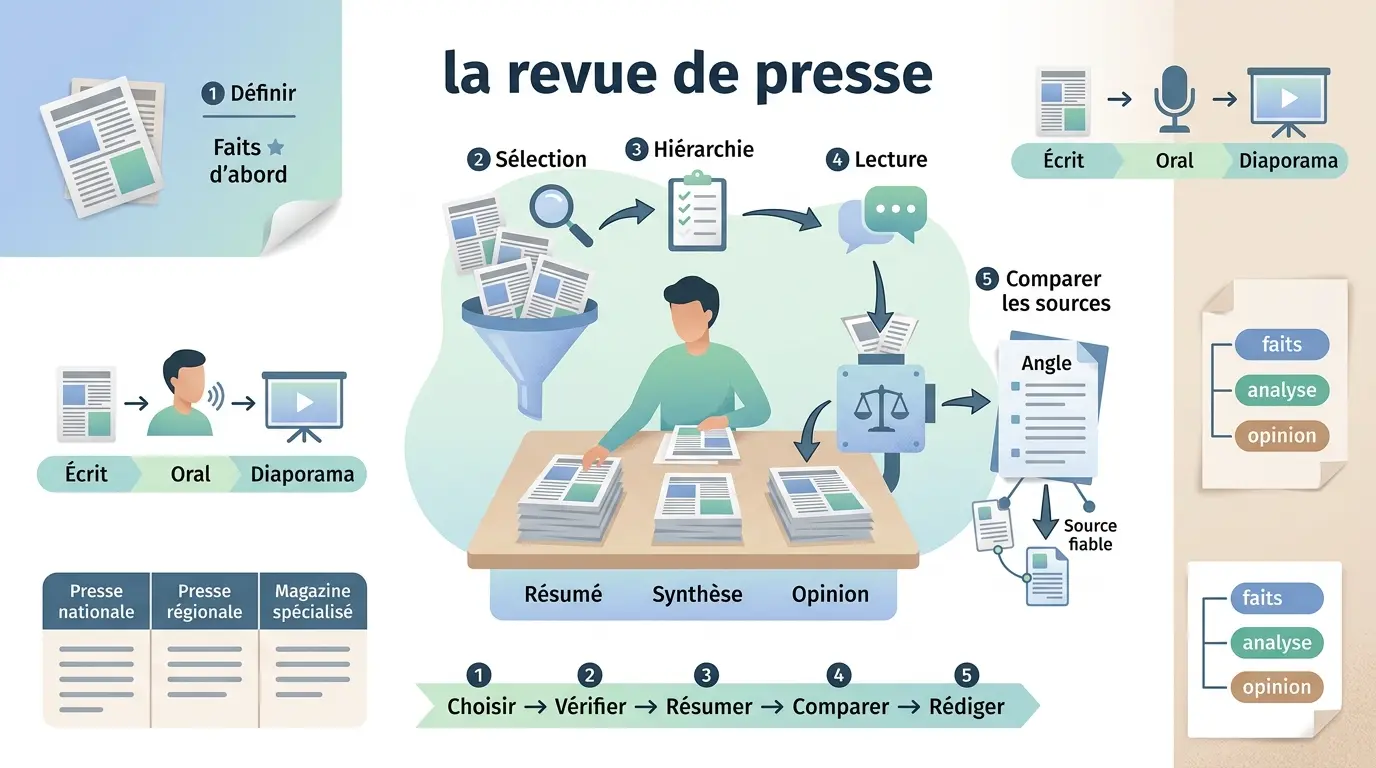 Infographie moderne illustrant un exemple revue de presse avec tri d'articles en résumé, synthèse et opinion.