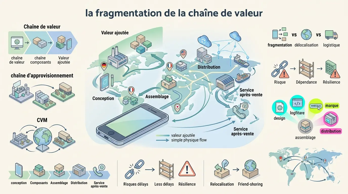 Infographie illustrant la fragmentation de la chaîne de valeur avec un produit, ses étapes et un réseau de production.