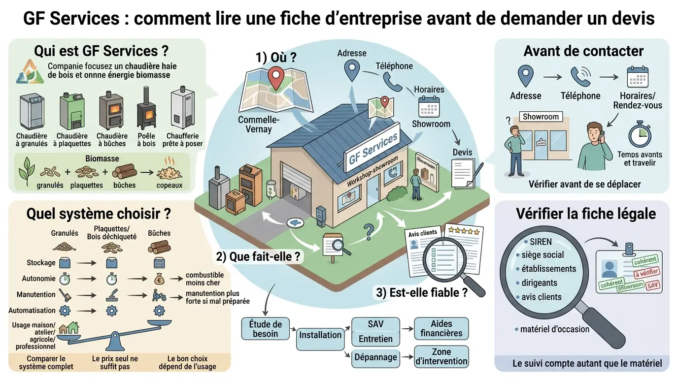 Infographie sur gf services, expliquant comment lire une fiche d’entreprise avant de demander un devis, avec schémas et pictogrammes.