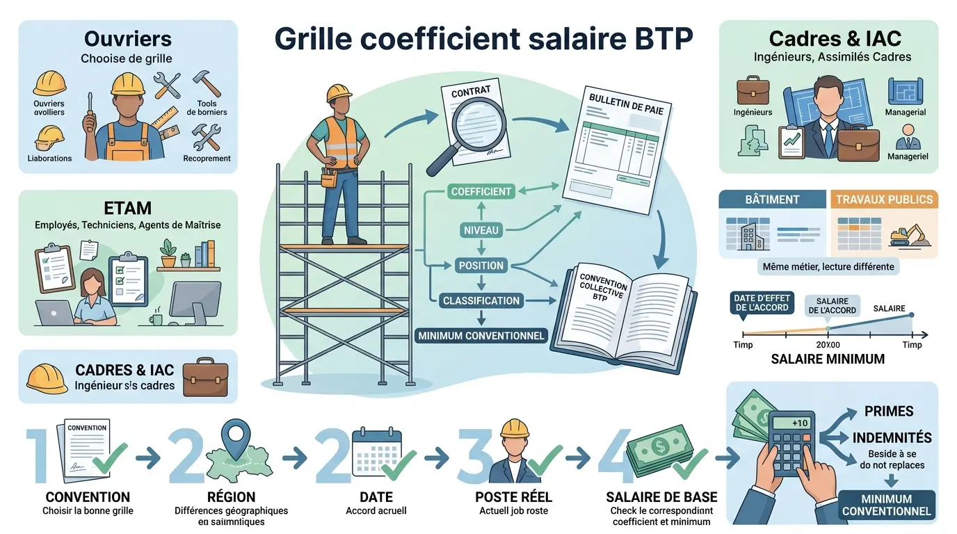 Infographie éducative sur la grille coefficient salaire btp, illustrant les catégories ouvriers, ETAM, cadres avec des métaphores visuelles.