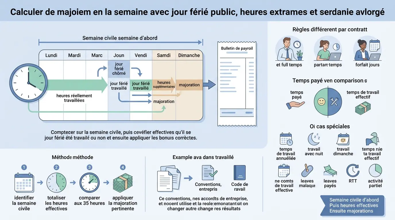 Infographie éducative sur le calcul des heures supplémentaires et jour férié travaillé dans la même semaine, avec calendrier et exemples.