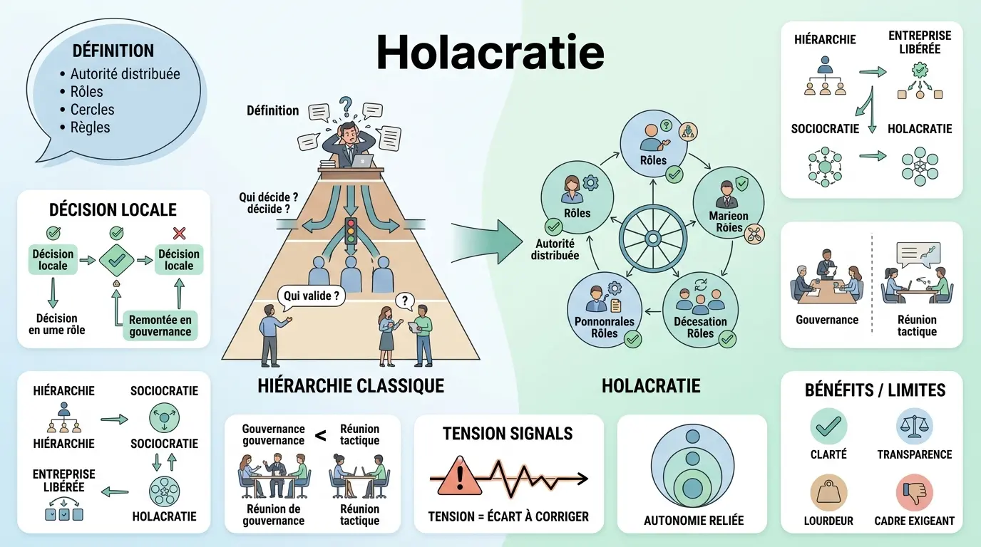 Infographie illustrant la holacratie définition avec une transformation d'une hiérarchie pyramidale en cercles interconnectés.