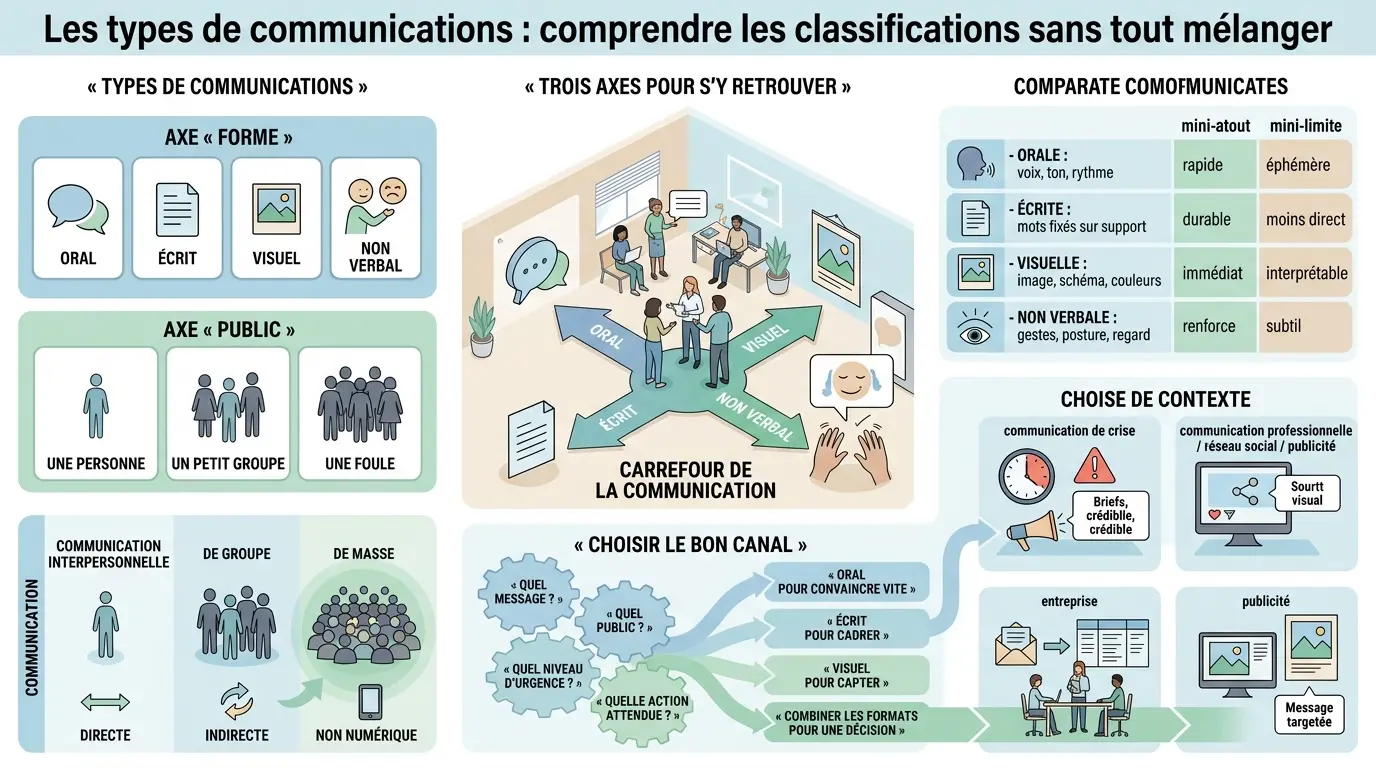 Infographie éducative sur les types de communications, montrant un carrefour de messages avec différentes formes et publics.
