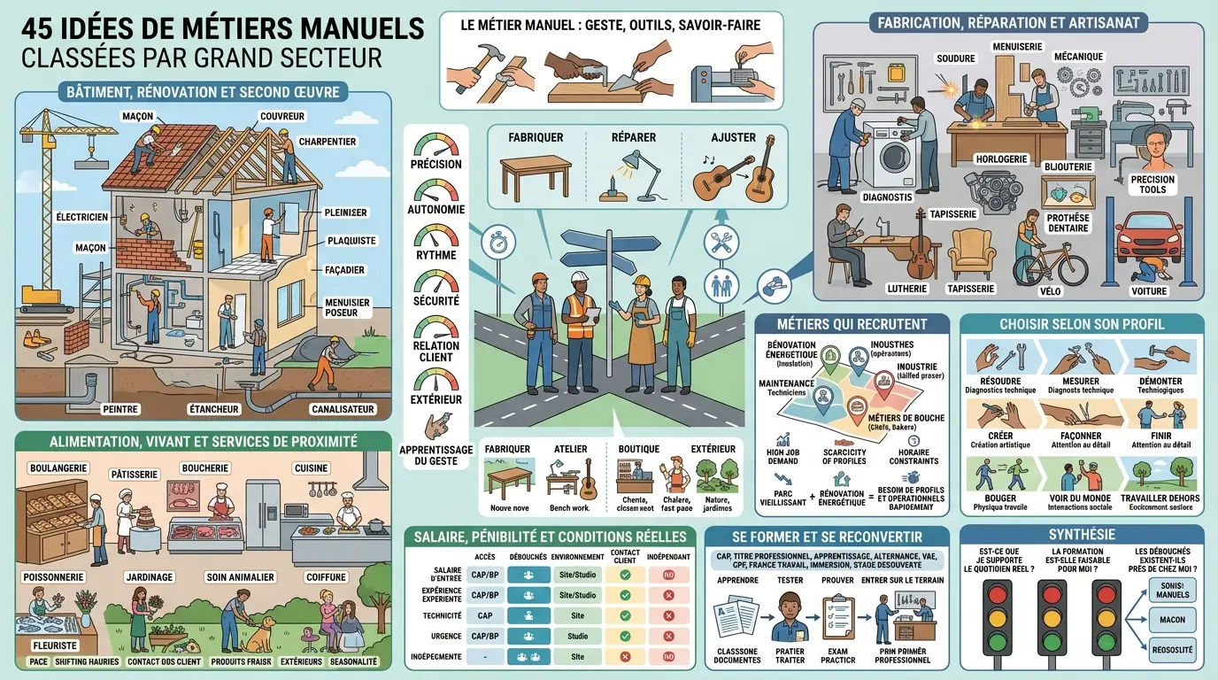 Infographie éducative présentant une liste des métiers manuels, illustrant 45 idées par secteur avec des scènes concrètes et des pictogrammes.