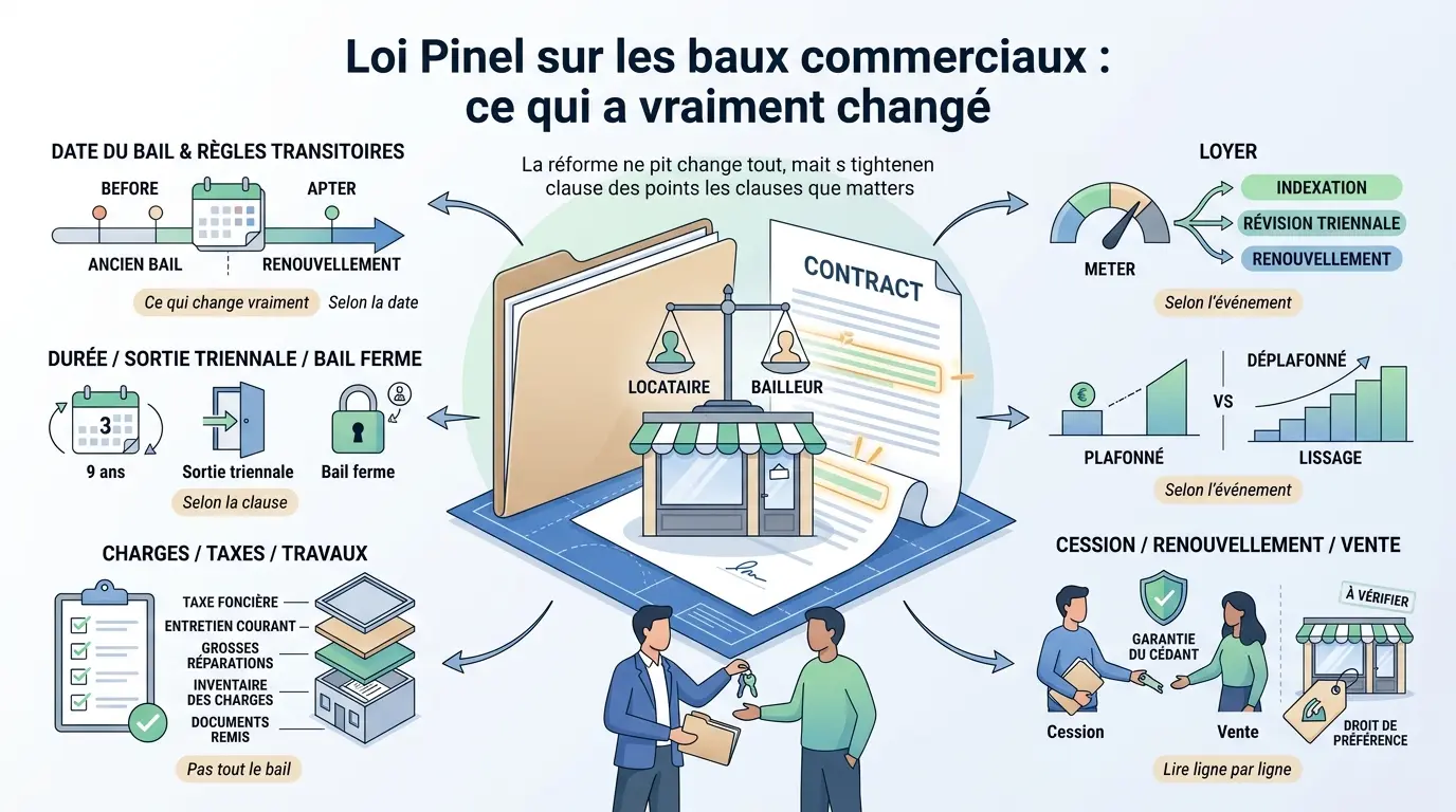 Infographie éducative sur la loi pinel sur les baux commerciaux, illustrant les changements clés des contrats de location.